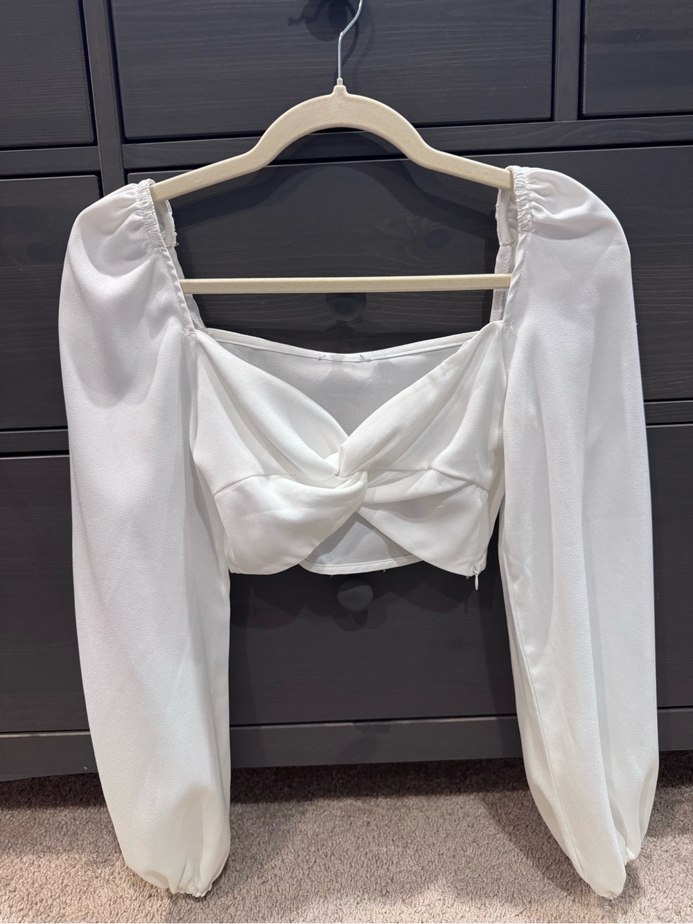 White Twist Front Puff Sleeve Crop Top